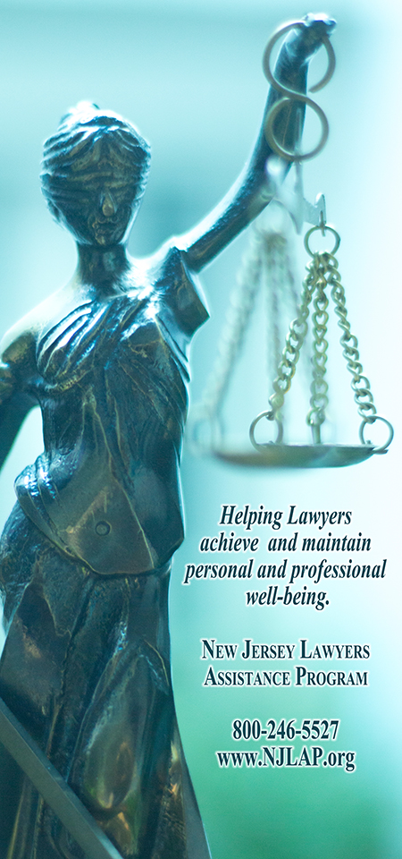 A photo of Lady Justice, holding the Scales of Justice. Bottom text reads: Helping lawyers Achieve and maintain personal and professional well-being