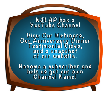An old fashioned television, with the screen promoting NJLAP's Youtube Channel