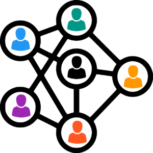 An illustration of rainbow-colored peg people with lines showing they are connected to each other.