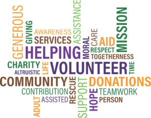 A word cloud full of ways you can volunteer to assist others.