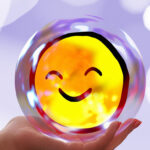 An outstreched hand holds a crystal ball that holds a yellow smiley face inside.