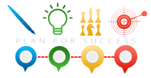 Plan For Success Headline, amid graphics: pencil, lightbulb,target, chrssboard, timeline.