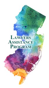 Watercolor map of New Jersey, with the New Jersey Lawyers Assistance initials, NJLAP offset to the left